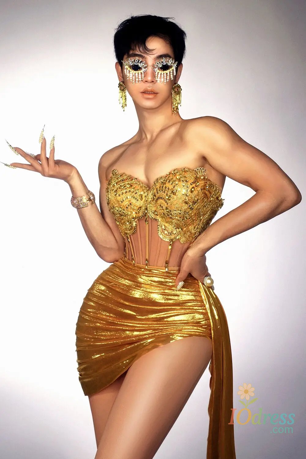 IO Dress Gold Color Women Sexy 2 Pieces Strapless Bodycon Mini Dress Bar Singer Nightclub Party Celebrate Birthday Dress