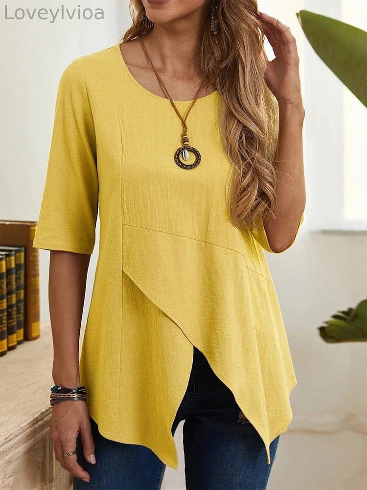 Irregular Pullover Slim Mid Sleeve Cotton And Linen Shirt