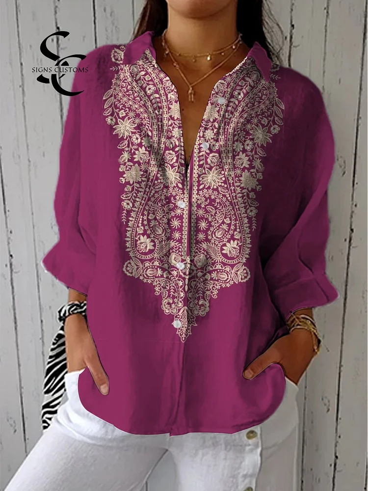 Women's Vintage Ethnic Floral Art Print Casual Cotton Linen V-neck Shirt