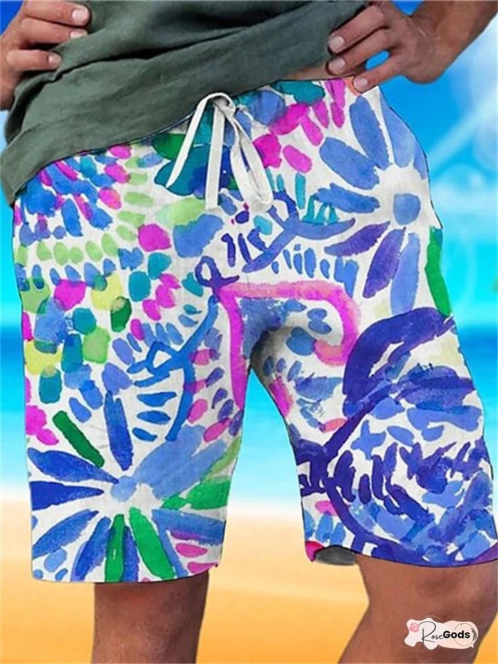 Men's Beach Drawstring Casual Shorts Graffiti Pattern 3D Printed Shorts Blue Green