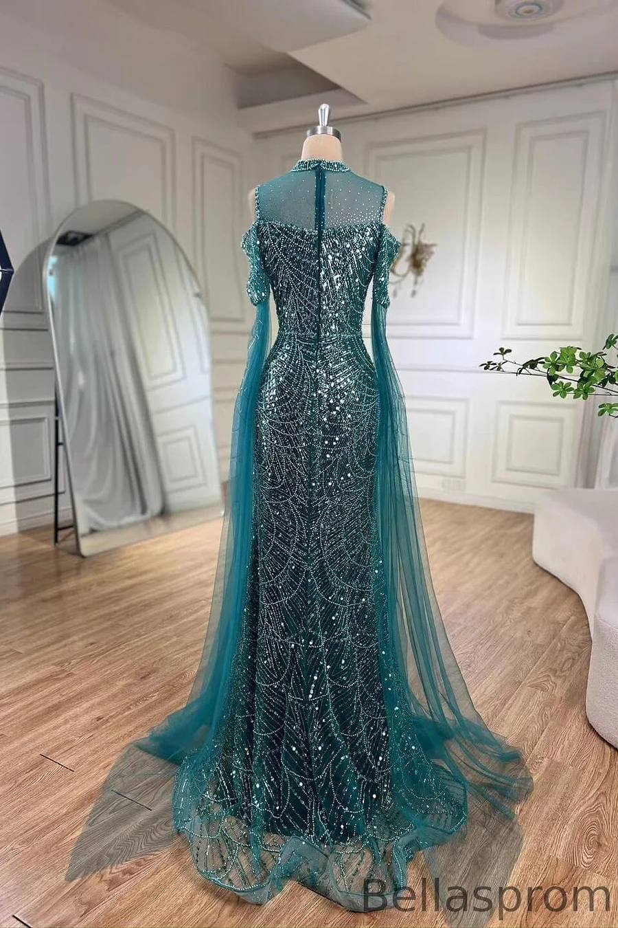 Bellasprom High Neck Pearl Mermaid Evening Dress Ruffle Sleeves Long Peacock-US2