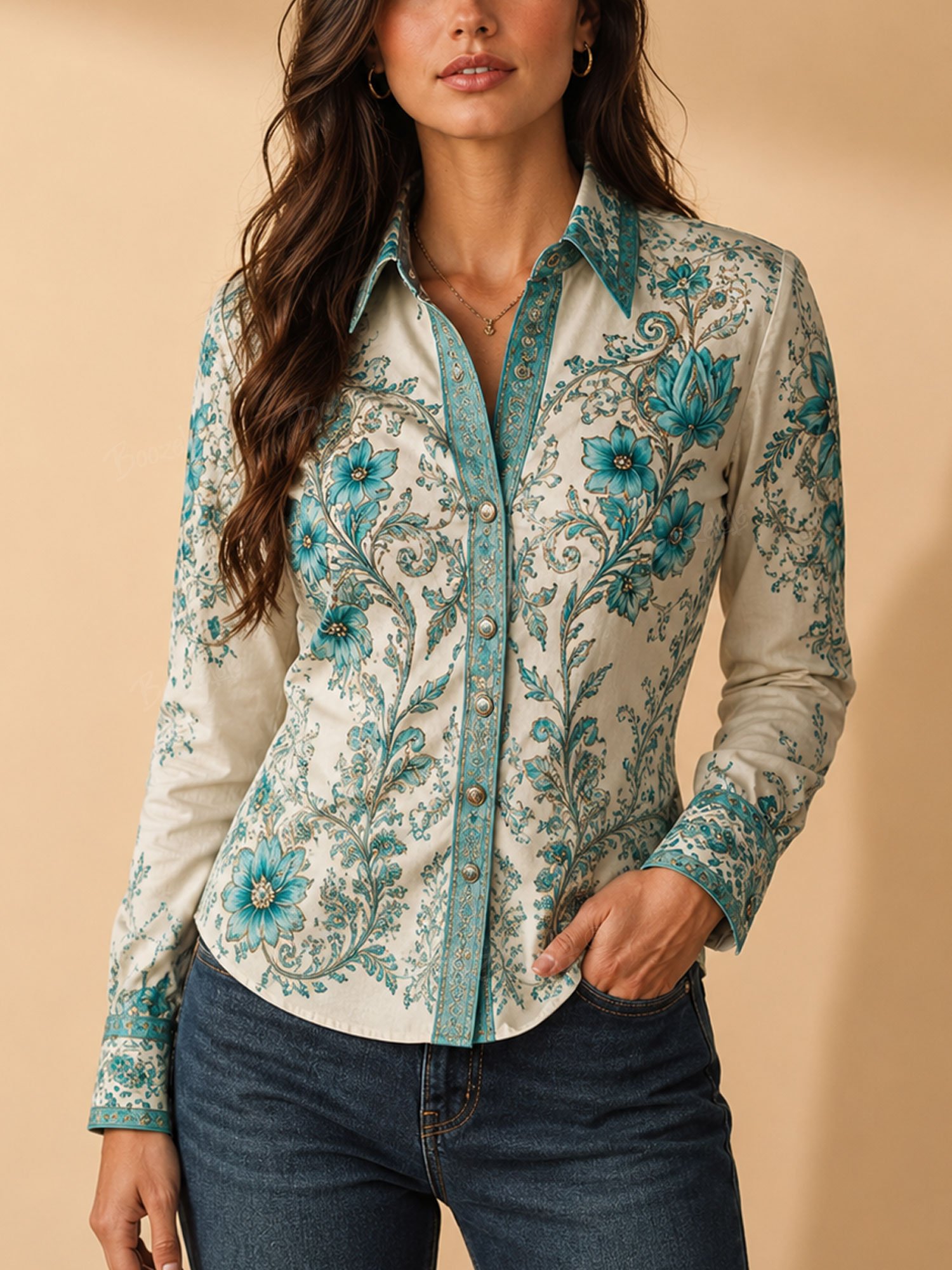 Perfect for a Mediterranean Getaway &mdash; Turquoise Blue Vintage Baroque Floral Printed Button-Down Long-Sleeve Shirt-100% Cotton