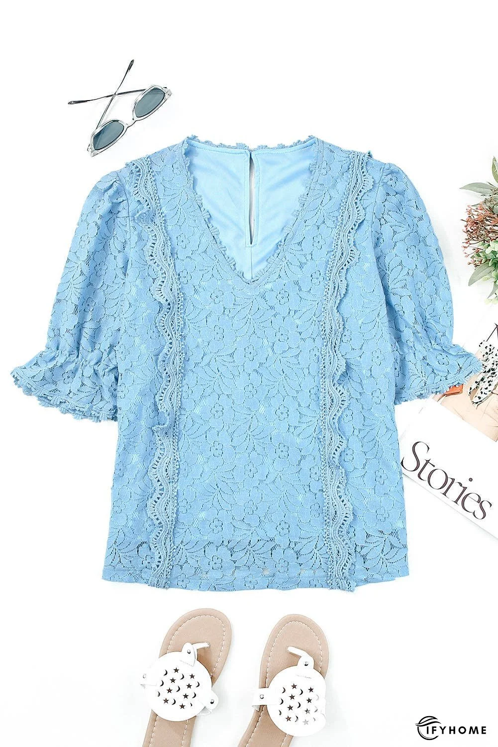 Lace V-Neck Flounce Sleeve Top | IFYHOME