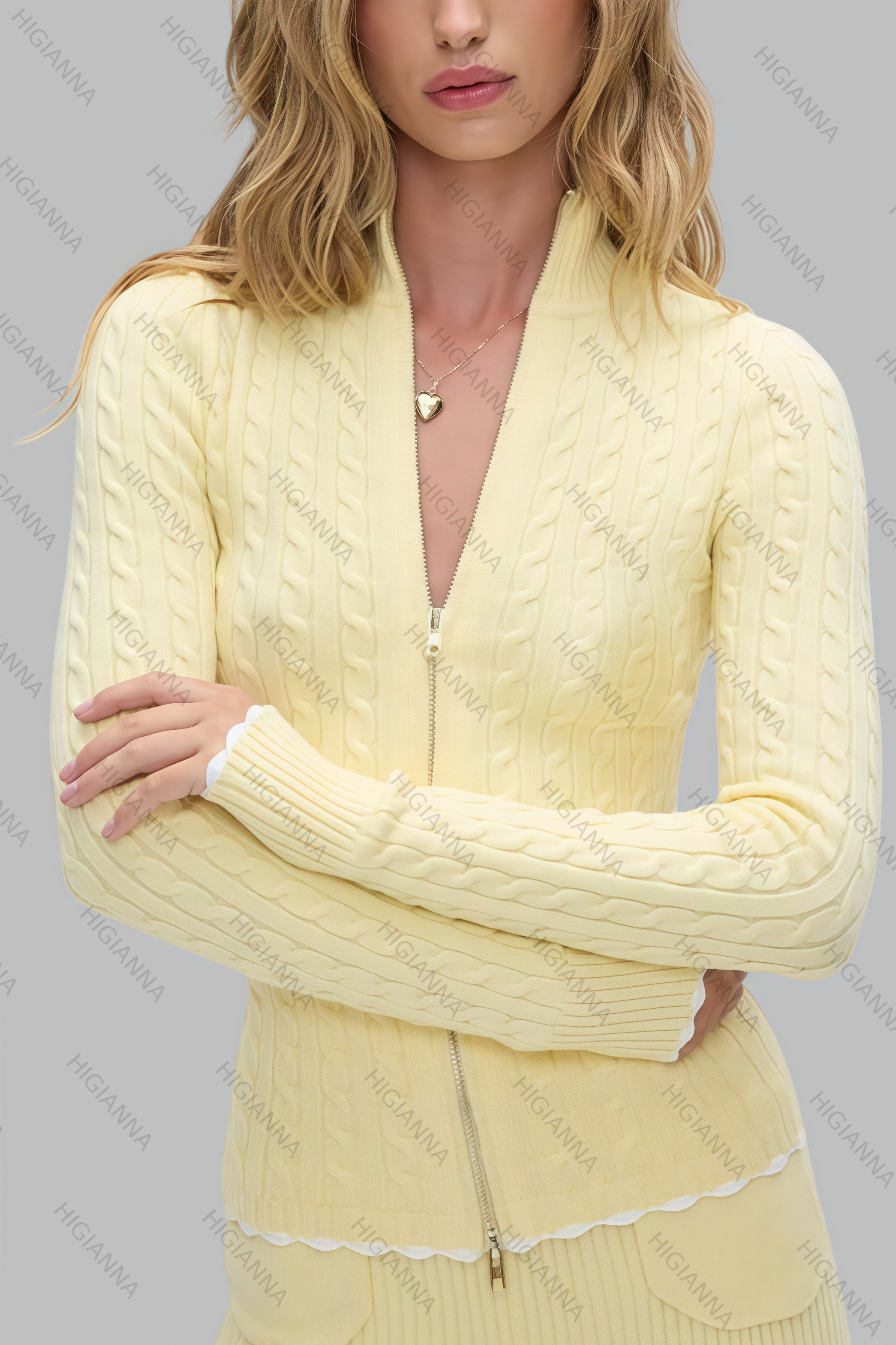 Cable-Knit Full-Zip Mock Neck Sweater - HIGIANNA&reg;