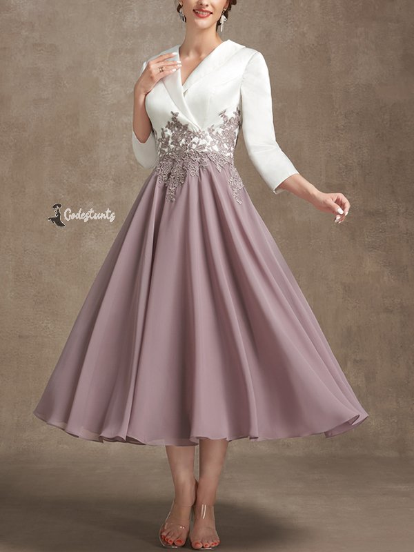 A-line V-Neck Tea Length Chiffon Lace Bridal Mom Dress