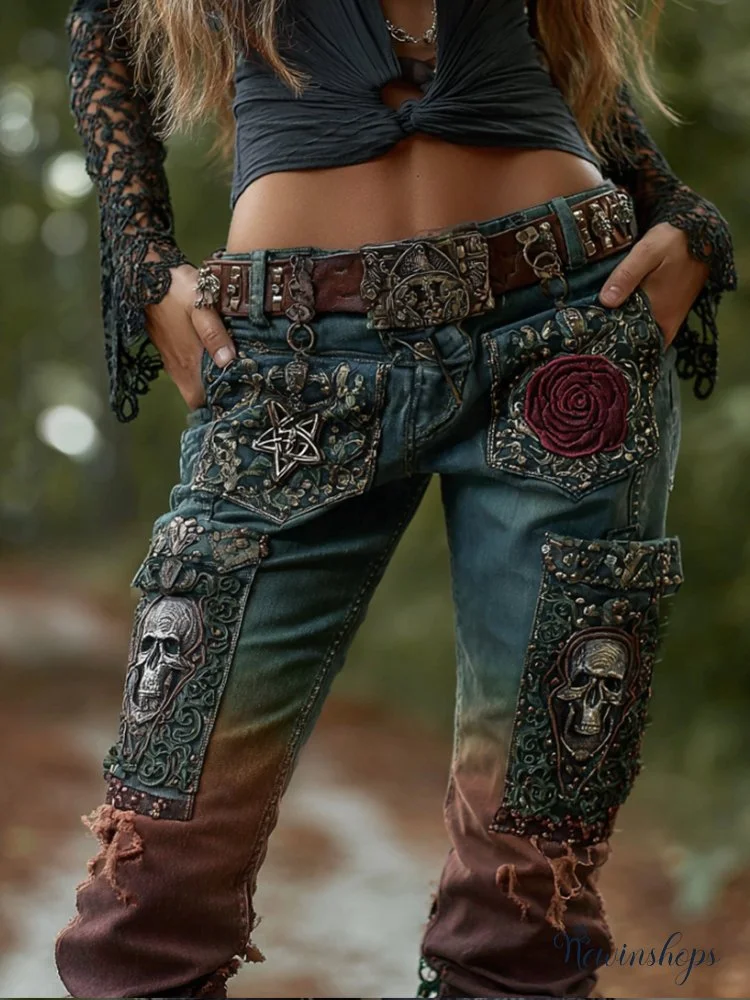 Women's Vintage Skull And Rose Gradient Jeans