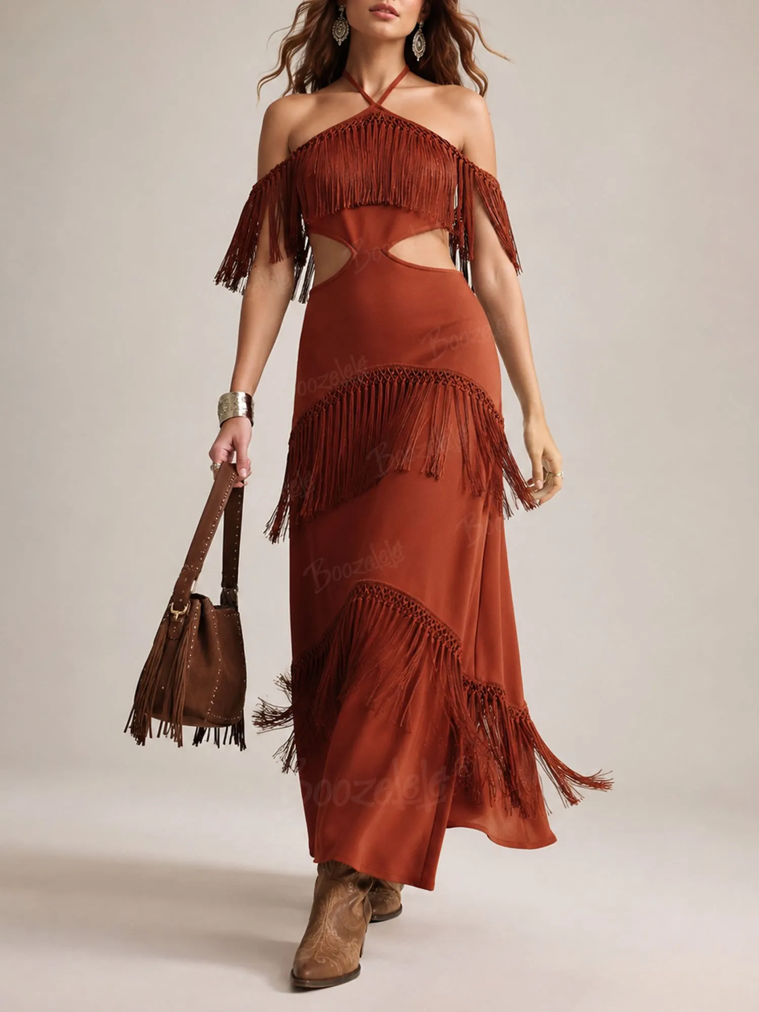 Perfect for American Vintage Music Festivals &mdash; Fall 2026 Women's Cut-Out Design, Caramel， Comfortable Slight-Stretch Maxi Dress