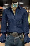 Elegant Textured Flower Bell Sleeve Button Up Blouse