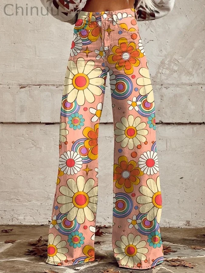 Women's Vintage Botanical Floral Wide Leg Pants