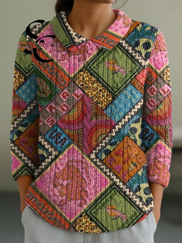 Women's Irregular Geometry Pattern Casual Peter Pan Collar 3/4 Sleeve Sweater