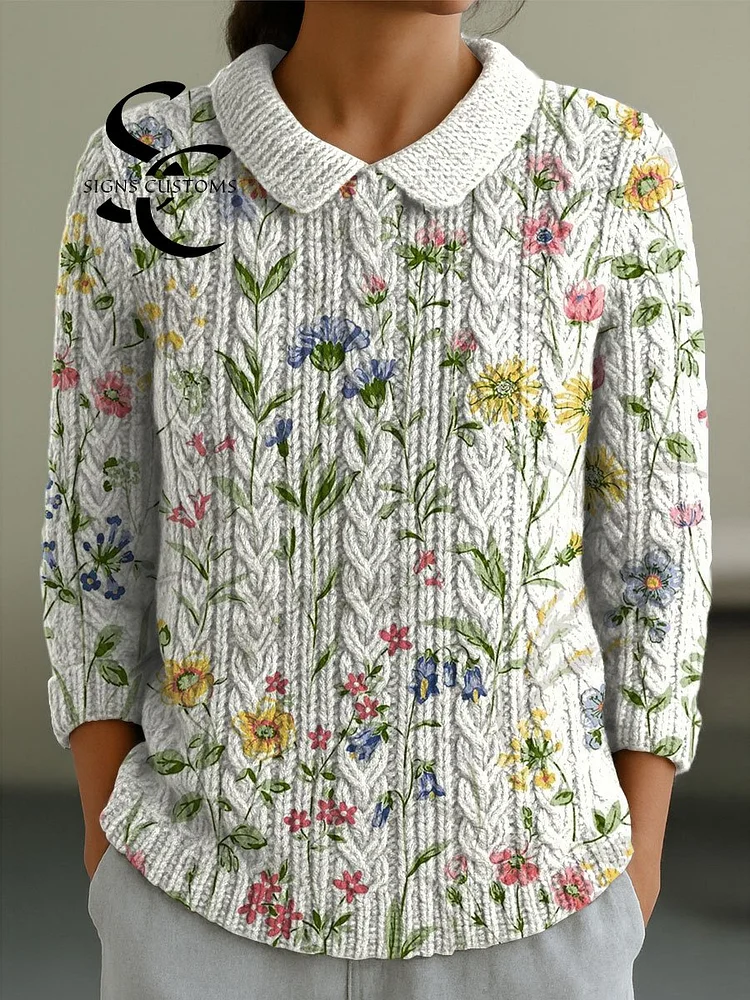 Women's Flowers Casual Peter Pan Collar 3/4 Sleeve Sweater