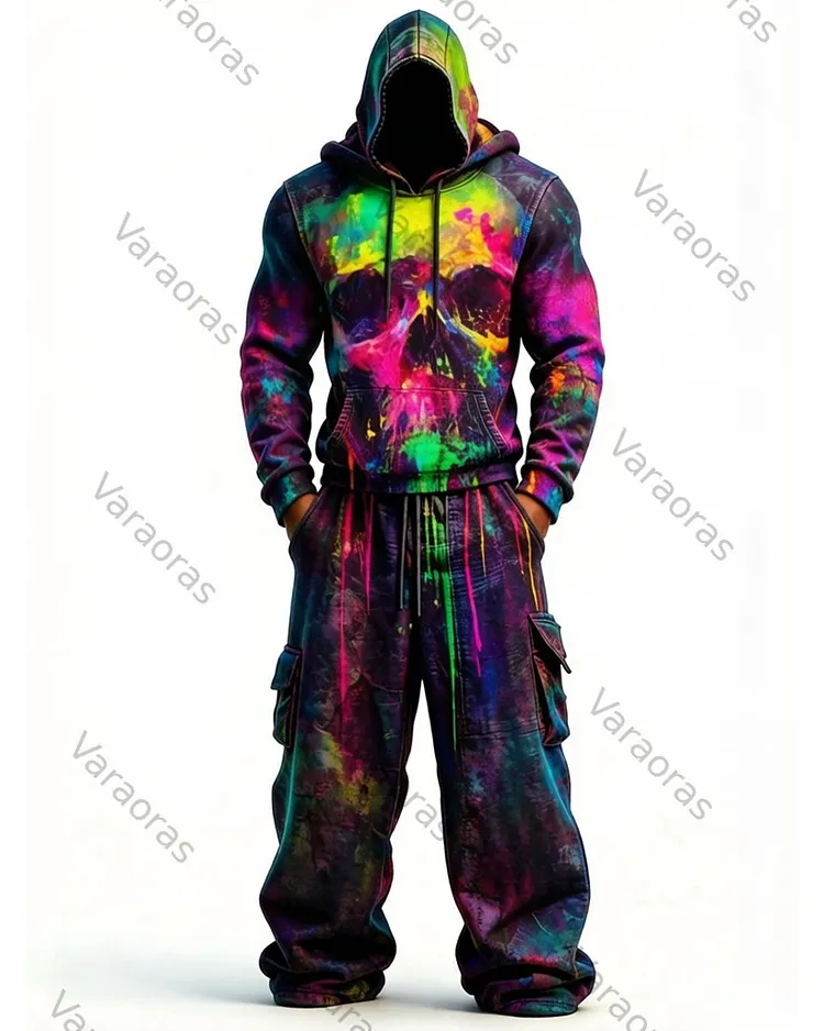 Men's Fashion Skull Contrast Color Embroidered Hoodie & Pants Two-Piece Set 2248