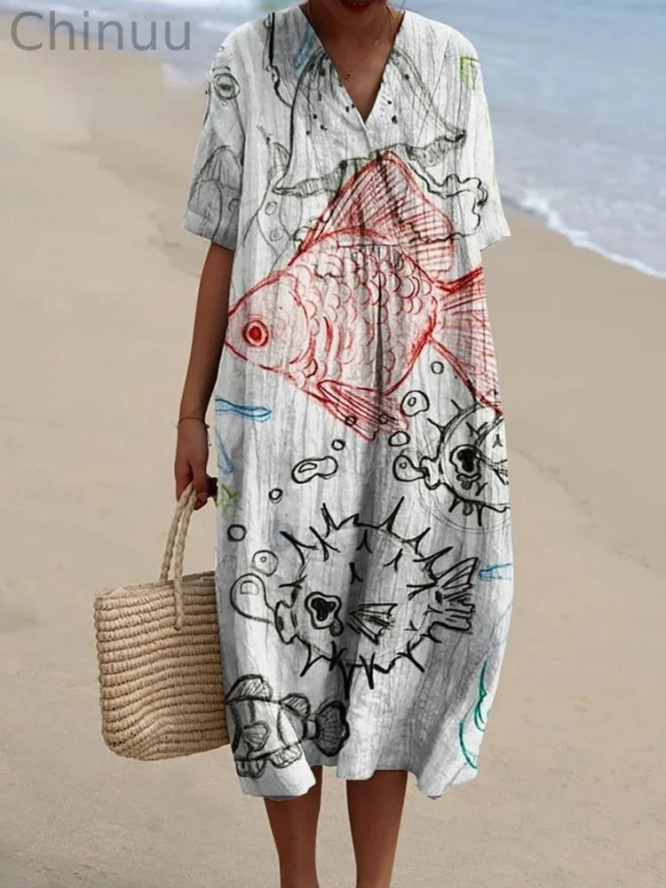 Women's Sketch Small Fish Watercolor Splash Fluid Art Print Flowy Dress