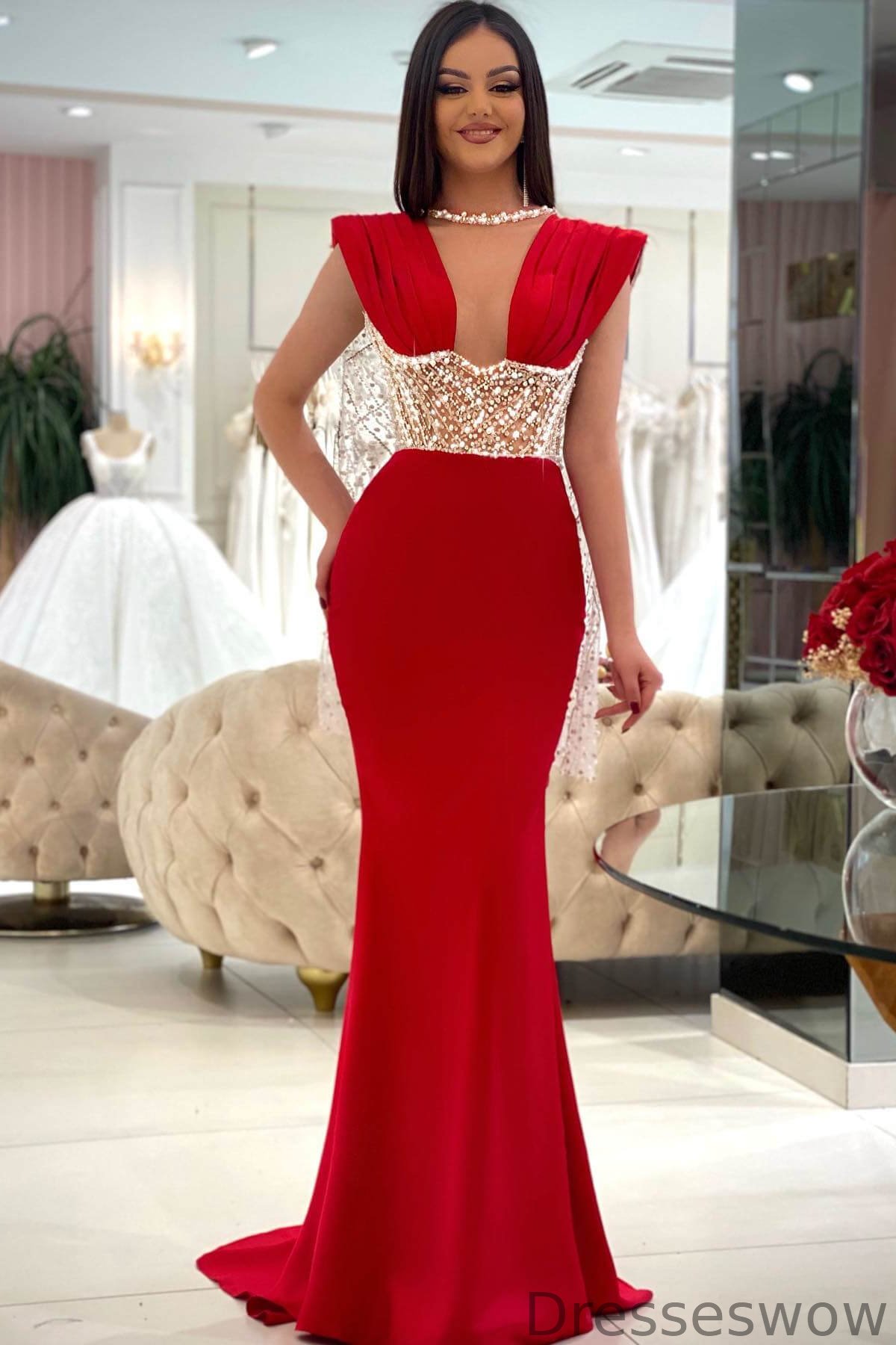 Dresseswow Red Sleeveless Mermaid Evening Gowns With Beads Pearls On Sale