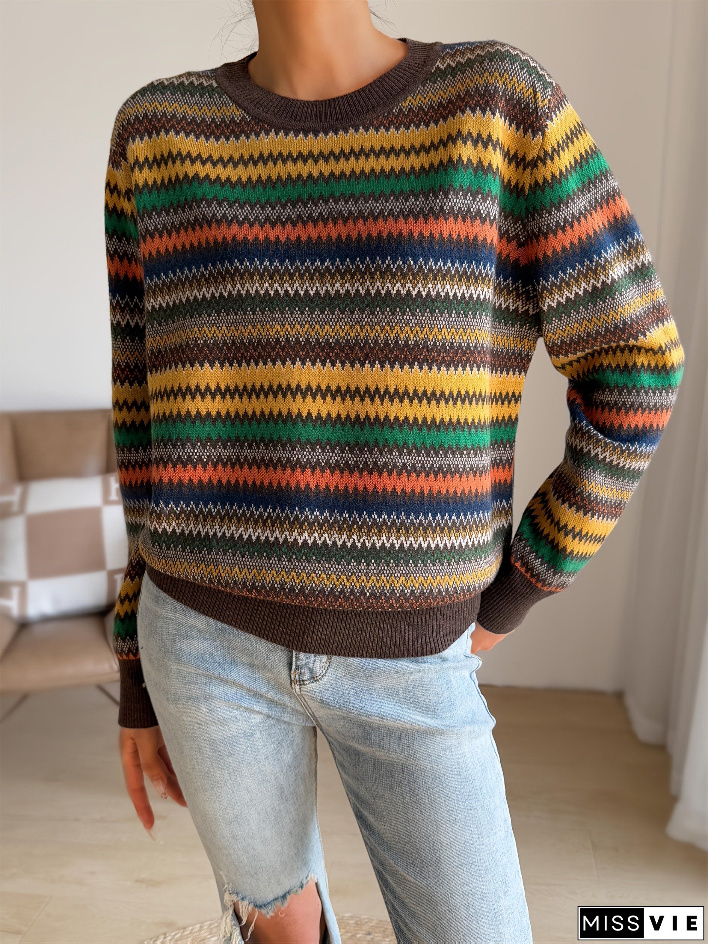 Women's Casual Striped Round Neck Sweater - Multi-Color Pullover for Spring/Fall, Hand Wash/Dry Clean, Cozy Layering Essential, Cute Sweaters, Spring Fall Fashion, Comfortable Clothing
