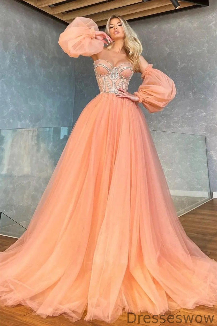 Dresseswow Light Orange Sweetheart Prom Dress Tulle With Beads Detachable Sleeves