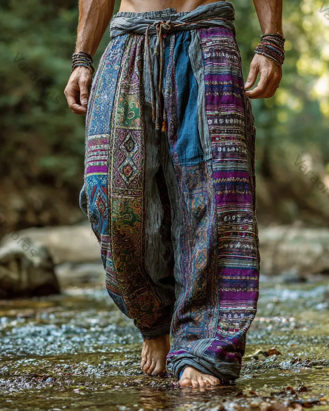 Men's Casual Ethnic Stitching Printed Linen Pants e1b8