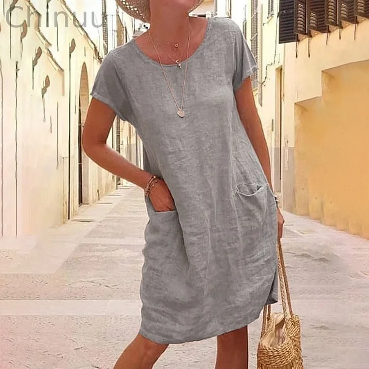 Loose Solid Pocket Short Sleeve Round Neck Midi Dress