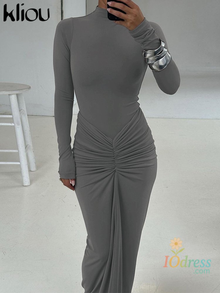 IO Dress kliou Shirring Women Classic Maxi Dress Autumn New Solid Long Sleeve High Collar Body-shaping Vestidos Mujer Concise Trend Robe