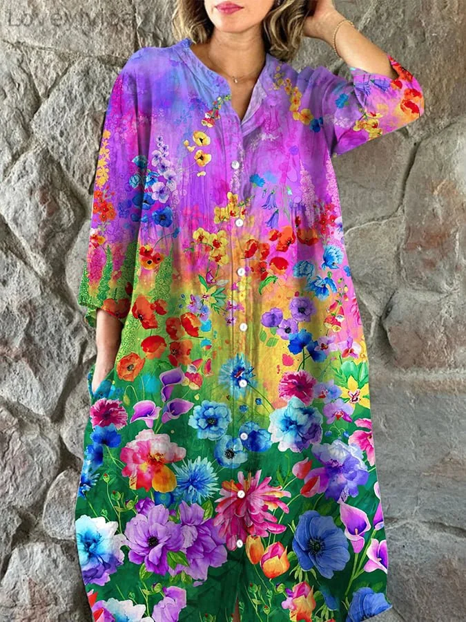 Women's Art Botanical Floral Print Single Breasted Dress