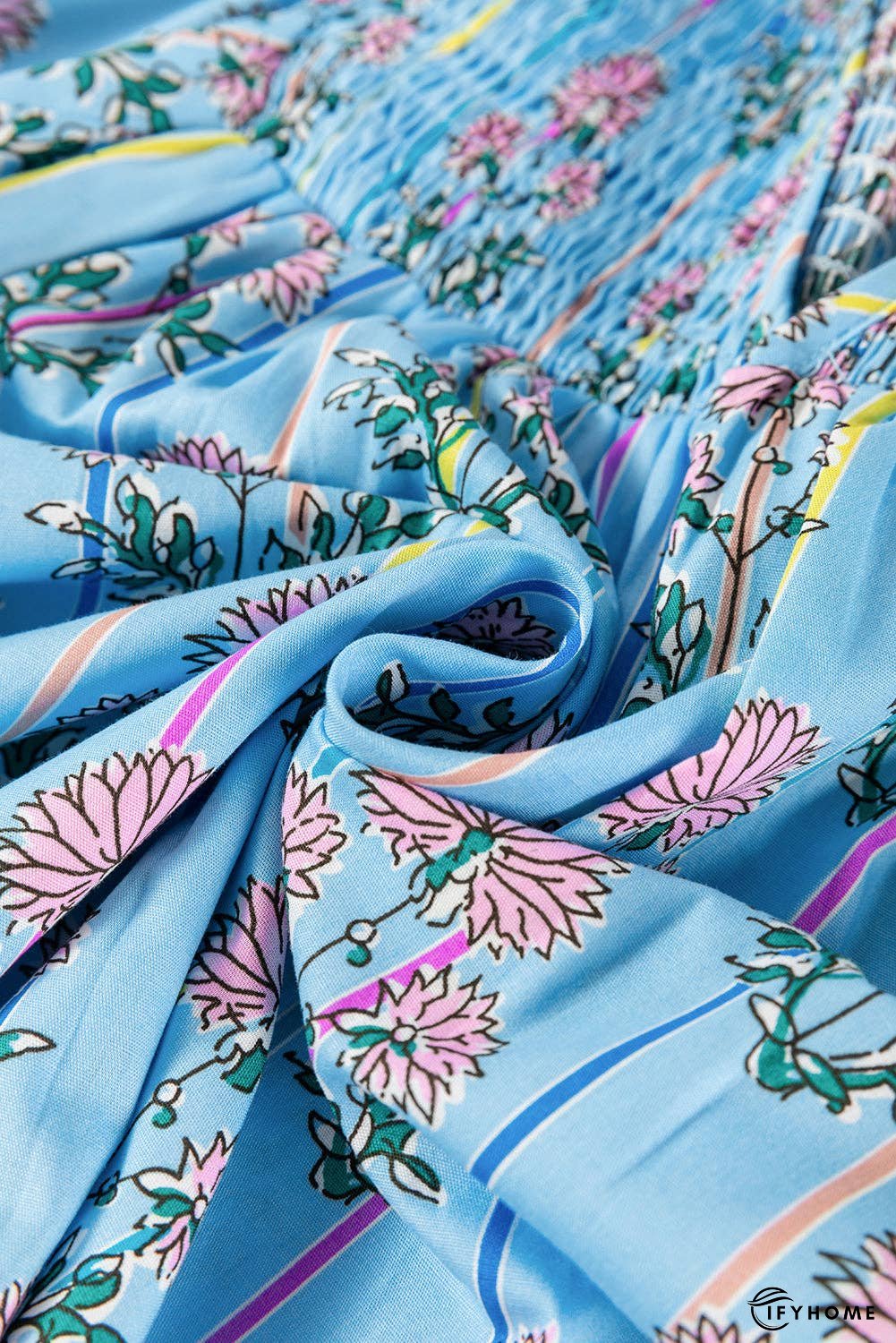 Smocked Floral Print Tie Neck Blouse | IFYHOME