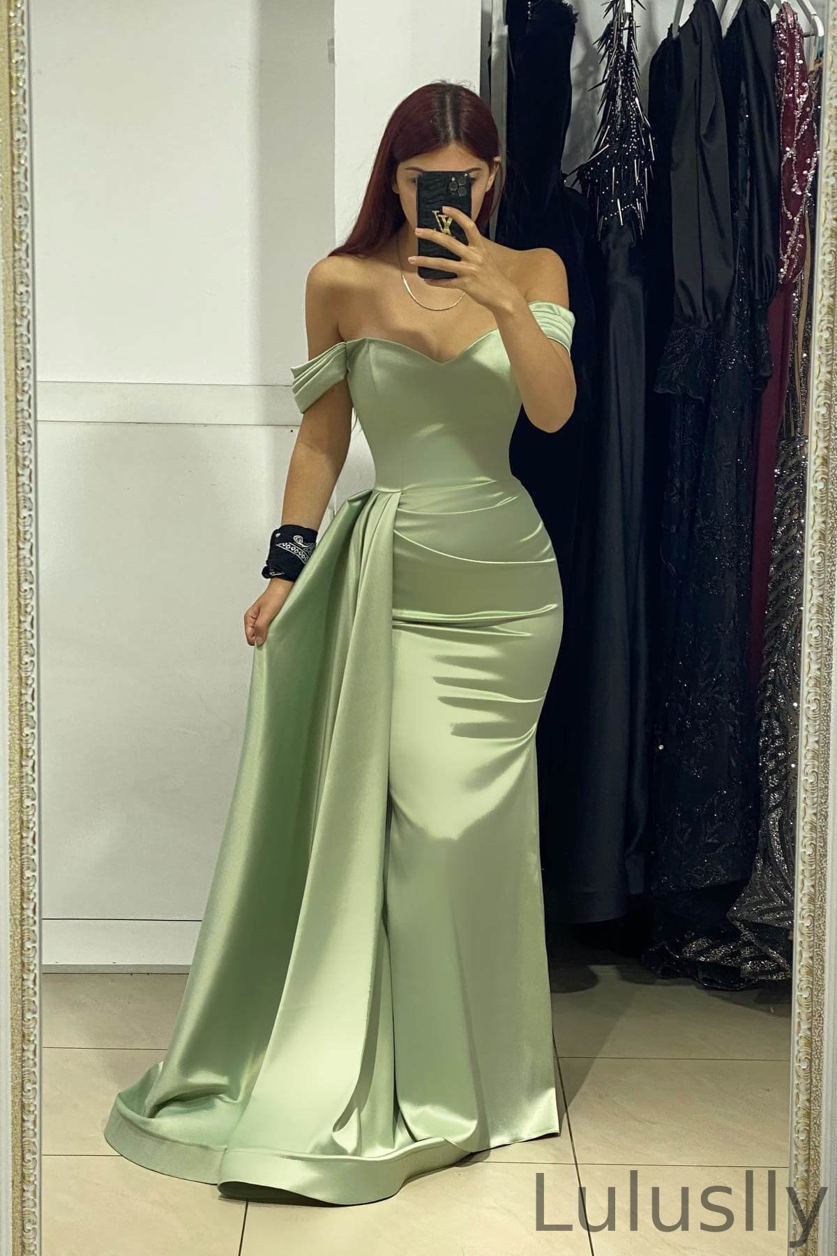Luluslly Dusty Sage Off-The-Shoulder Sweetheart Mermaid Prom Dresses With Ruffles