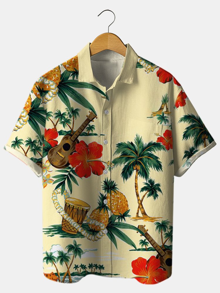 Hawaii Ukulele Music Print Cotton-blend Pleated Shirt