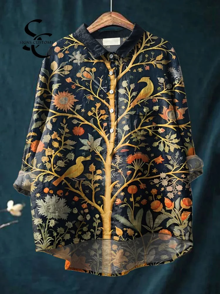 Women's Indian Art Tree Bird Floral Vintage Art Print Casual Cotton And Linen Shirt