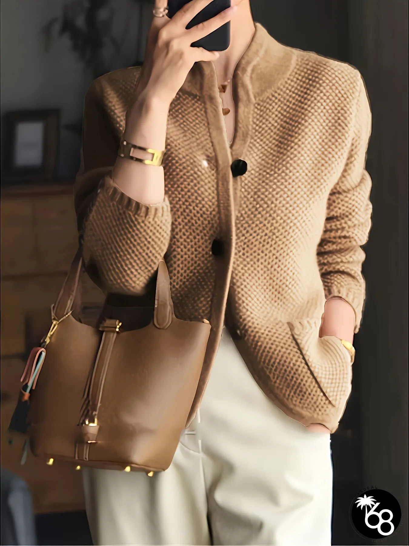 Womens Elegant Beige Long Sleeve Cardigan Structured Button Front Closure Stand Collar | 168DEAL