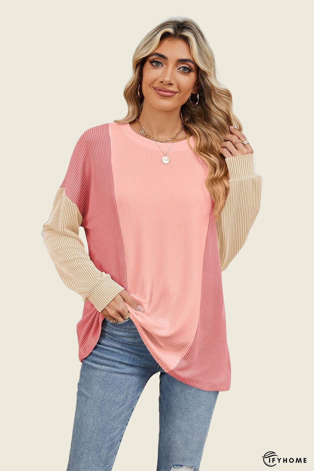 Double Take Texture Contrast Round Neck Long Sleeve T-Shirt | IFYHOME