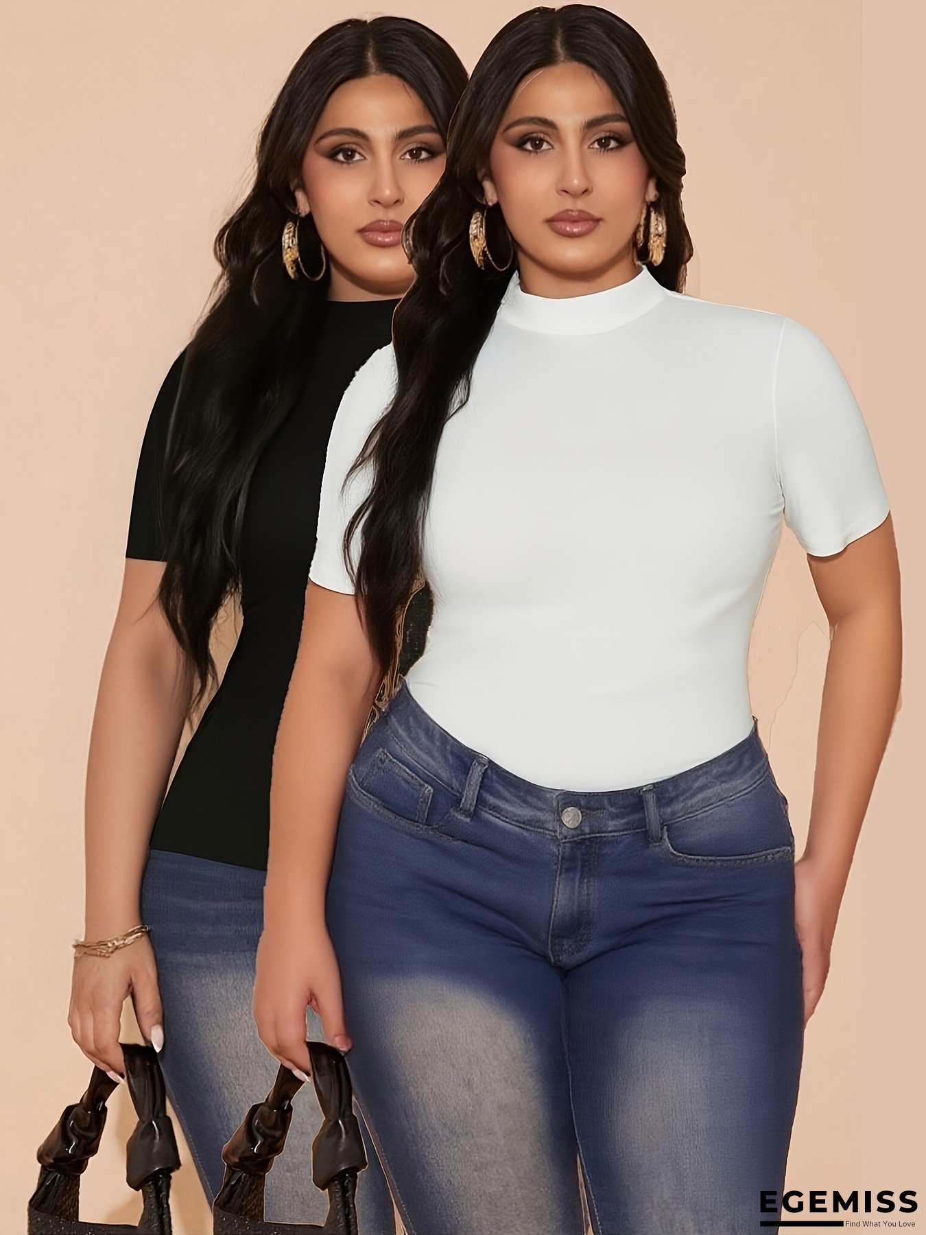 Plus Size, 2pcs Heavyweight Autumn Winter New European American Korean Style Fashionable Cute Plus Size Semi-High Neck Short Sleeve Women's T-Shirt, Black White Solid Color High Elasticity Non Deformation Bodycon Shapewear Top for Curvy Ladies | EGEMISS