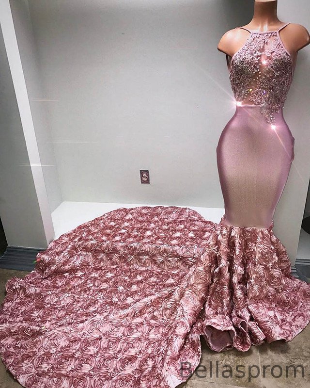Bellaspromr Mermaid Prom Dress Flower Bottom Evening Gown With Appliques Pink Halte Bellasprom