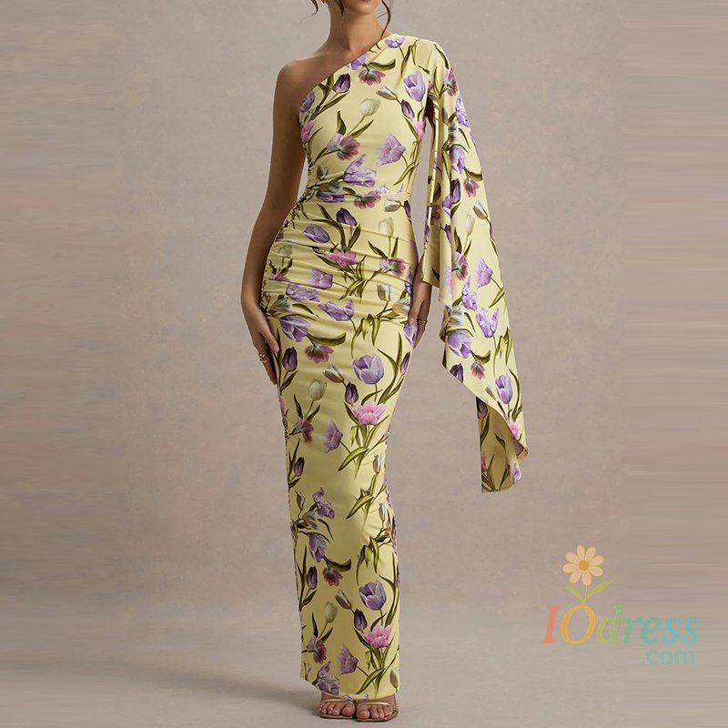 IO Dress Women Fashion Pattern Print Pleated Party Dress Elegant Hight Waist Slim Bohemian Dress Sexy Slant Neck Bat Sleeve Bodycon Dress IO Dress