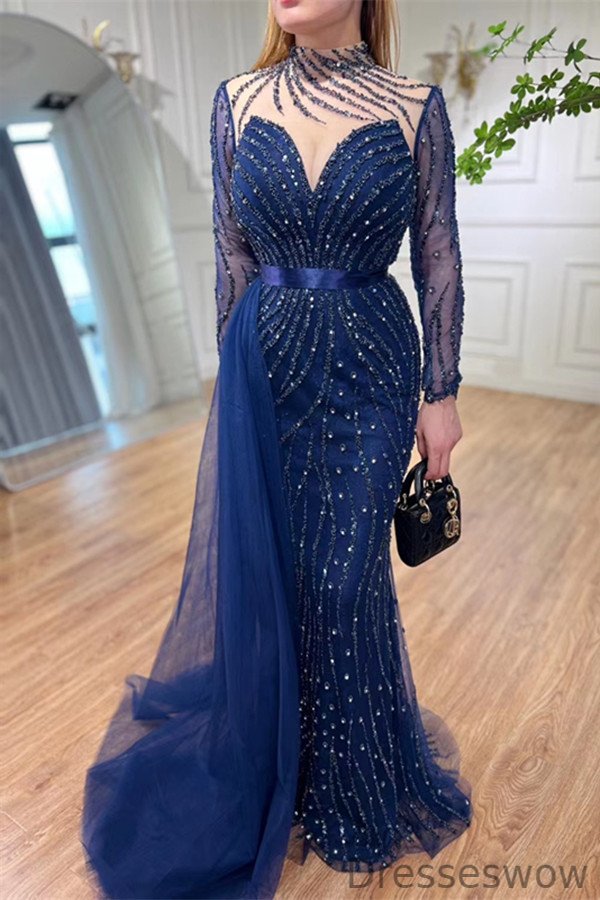 Dresseswow Navy Blue Long Sleeves Evening Dress Mermaid Beadings High Neck