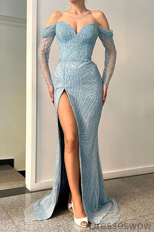 Dresseswow Long Sleeves Mermaid Prom Dress Beadings Off-the-Shoulder With Slit