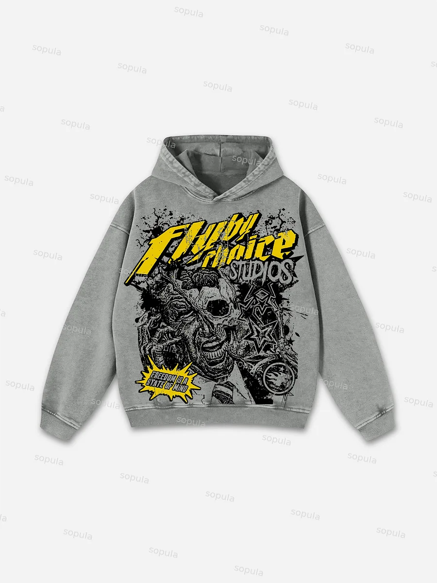 Sopula Fly By Choice Freedom Is A State Of Mind Skull Graphic Washed Hoodie
