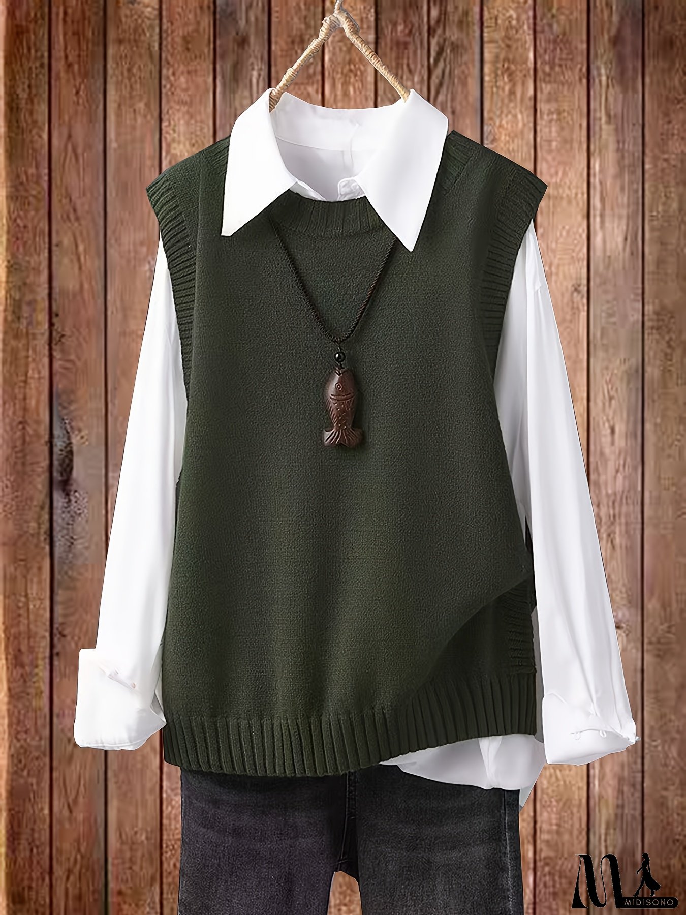 Women's Dark Green Sweater Vest - Sleeveless Loose H-Line Top, Non-Transparent Layering Blouse for Fall/Winter, Machine Washable Casual Everyday Outfits, Autumn Layering Piece, Round Neckline Top, Textured Fabric