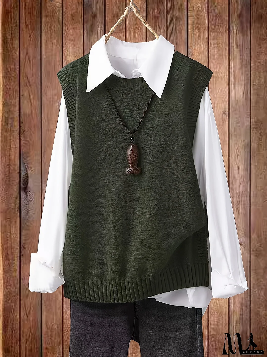 Women's Dark Green Sweater Vest - Sleeveless Loose H-Line Top, Non-Transparent Layering Blouse for Fall/Winter, Machine Washable Casual Everyday Outfits, Autumn Layering Piece, Round Neckline Top, Textured Fabric