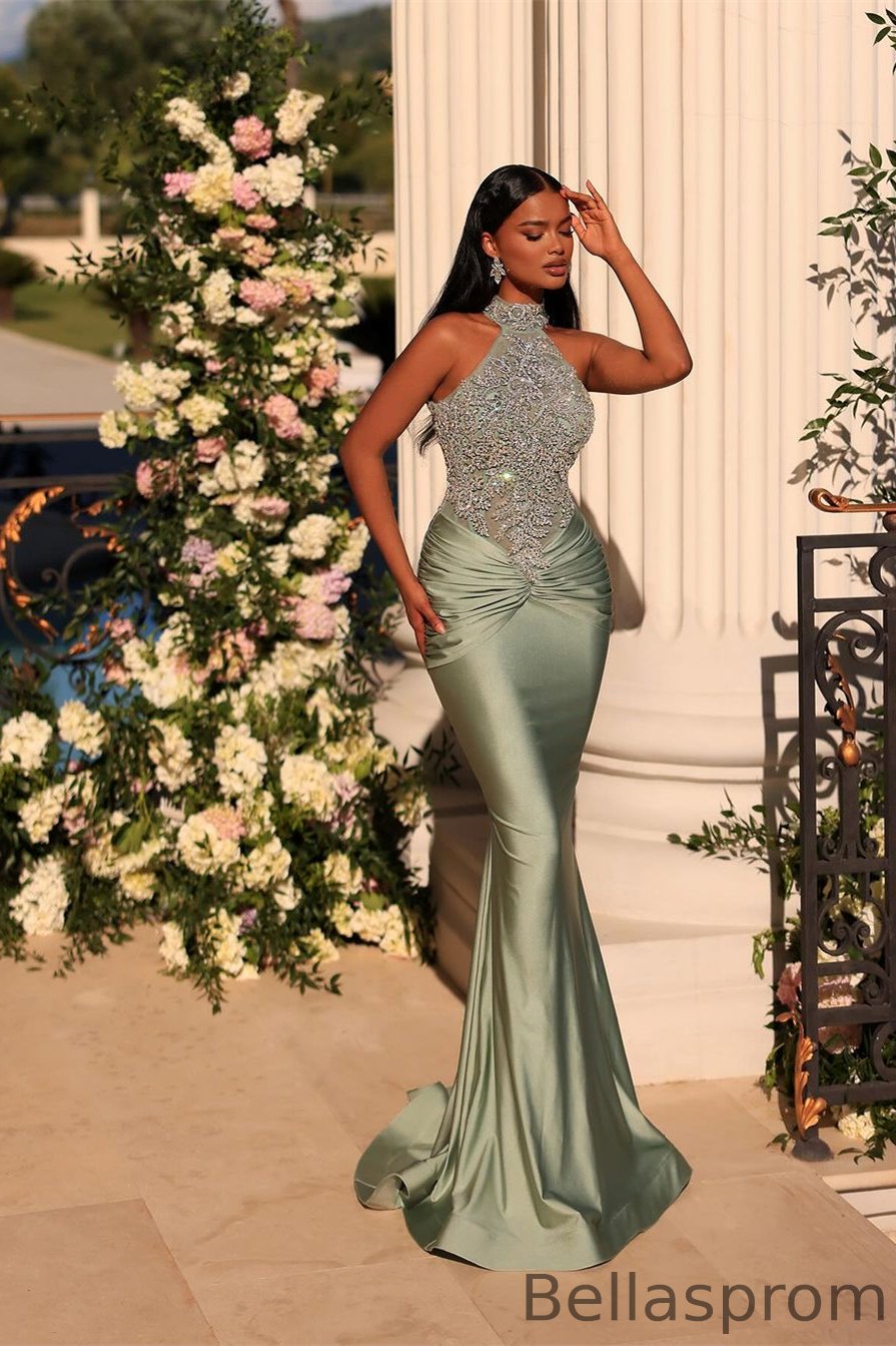 Bellasprom Dusty Sage High Neck Sleeveless Mermaid Prom Dress With Beadings Online Bellasprom