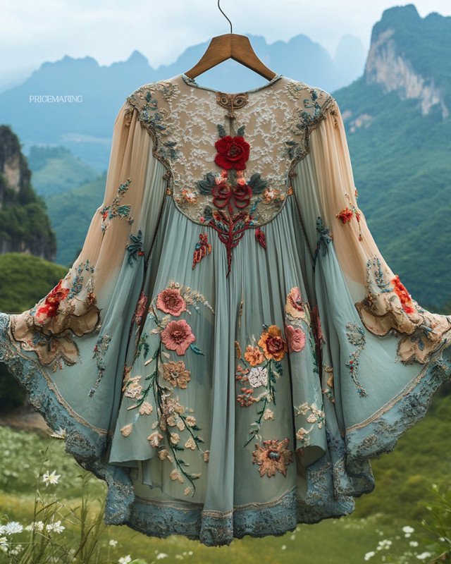 Summer Vacation Ruffle Lace Chiffon Contrast Kaftan Dress da19