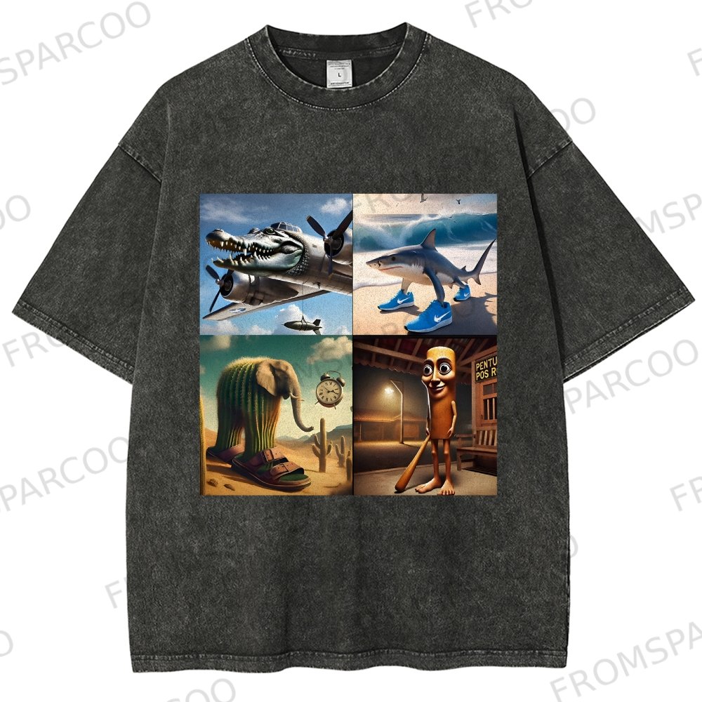 Funny Brainrot Meme Print Washed T-Shirt