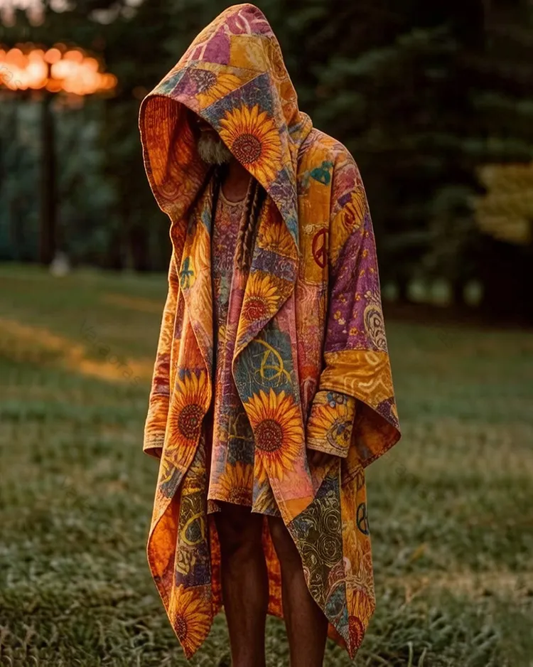 Men's Summer Fashion Hippie Style Star and Moon Embroidered Linen Cardigan Hooded Cape  3289