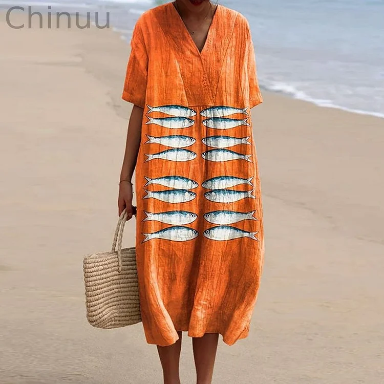 Women's Vintage Fish Art Print Casual Cotton Linen Dress