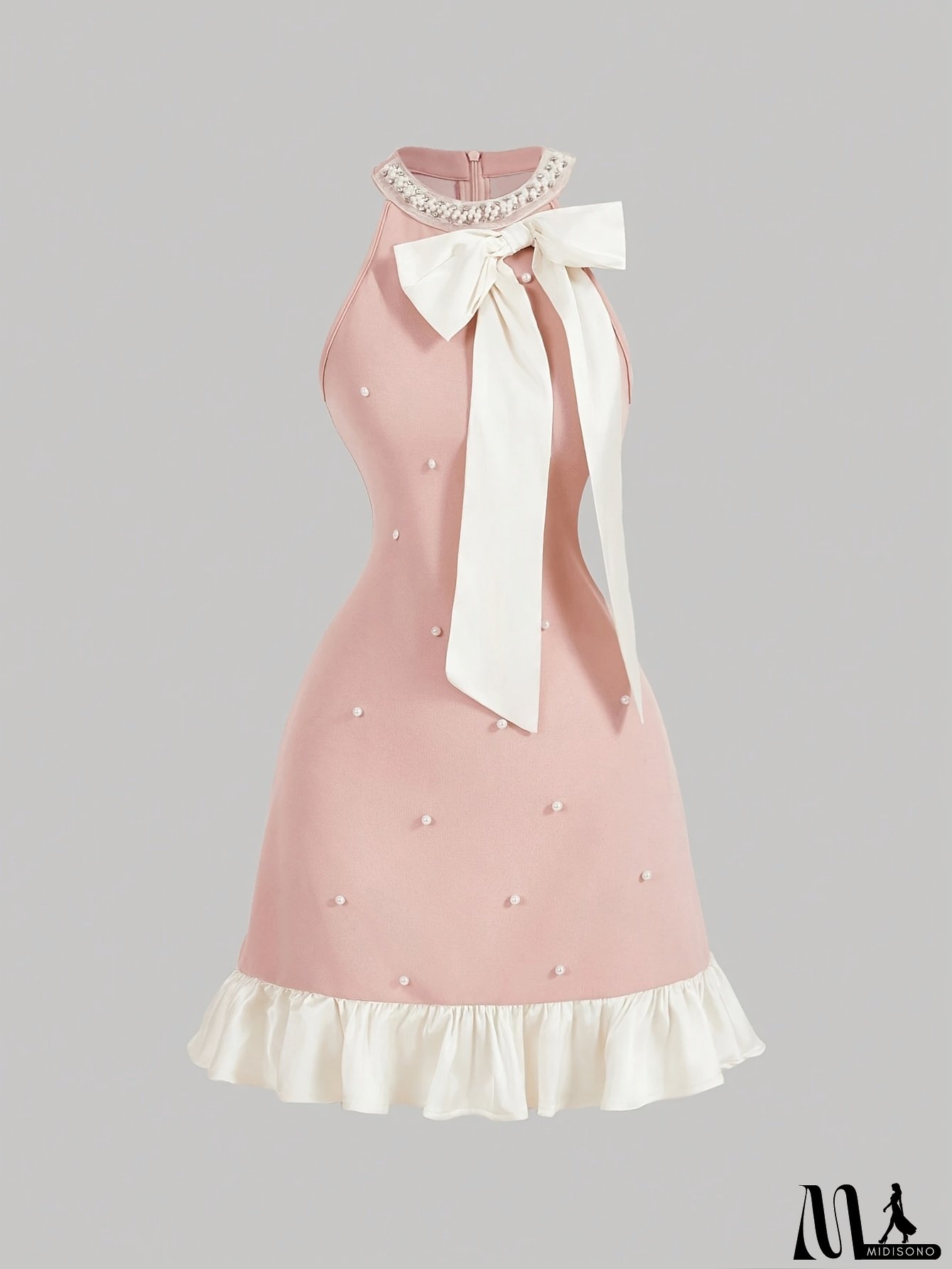 Elegant Pink Sleeveless Mini Dress With Ruffled Hem And Front Bow - Round Neck, Fitted Design, Perfect For Spring/Summer/Fall, Cute Dress