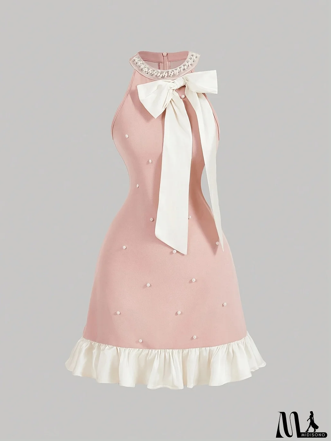 Elegant Pink Sleeveless Mini Dress With Ruffled Hem And Front Bow - Round Neck, Fitted Design, Perfect For Spring/Summer/Fall, Cute Dress