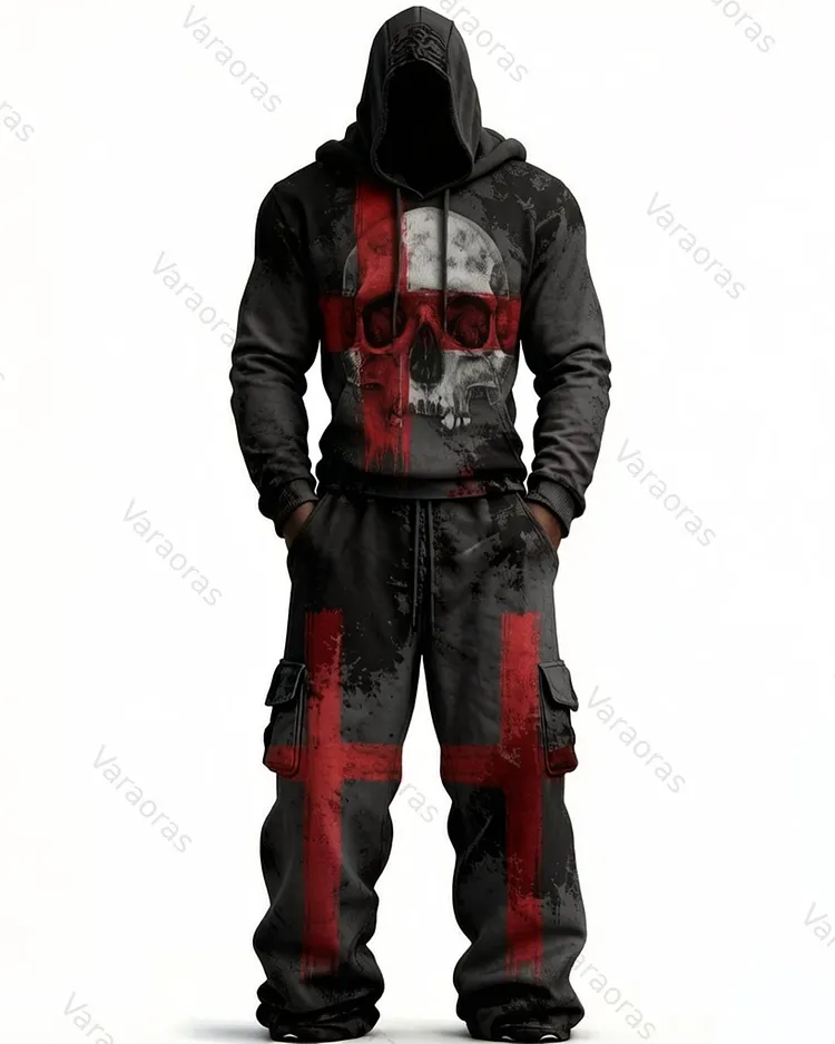 Men's Color-Block Skull-Embroidered Hoodie & Pants Two-Piece Set 9396