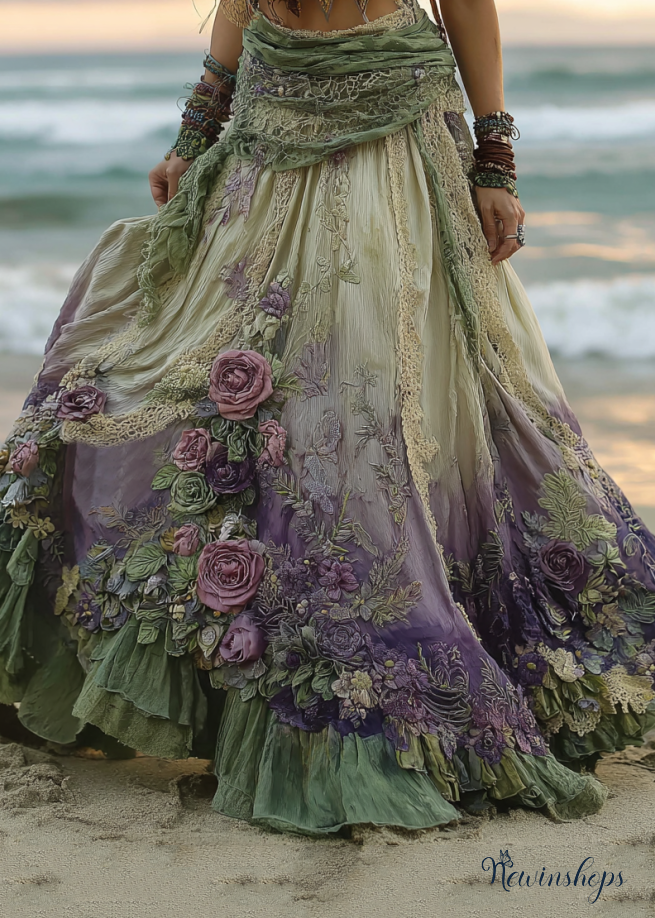 Vintage Boho Floral Patchwork Art Flowy Casual Linen Skirt