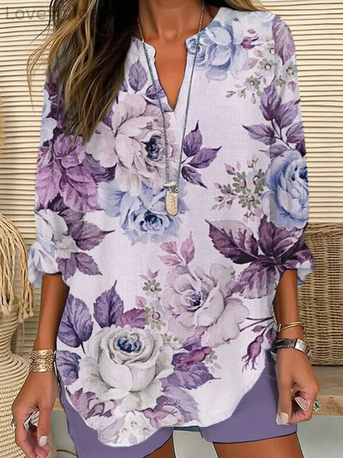 Women's Purple Floral Loose Long Sleeve Crew Neck Top