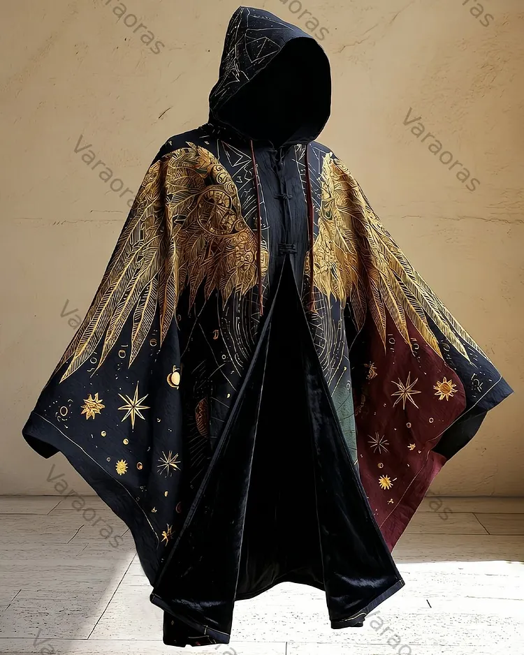 Men's Fashion Wings and Star and Moon Embroidered Linen Hooded Cape 9447