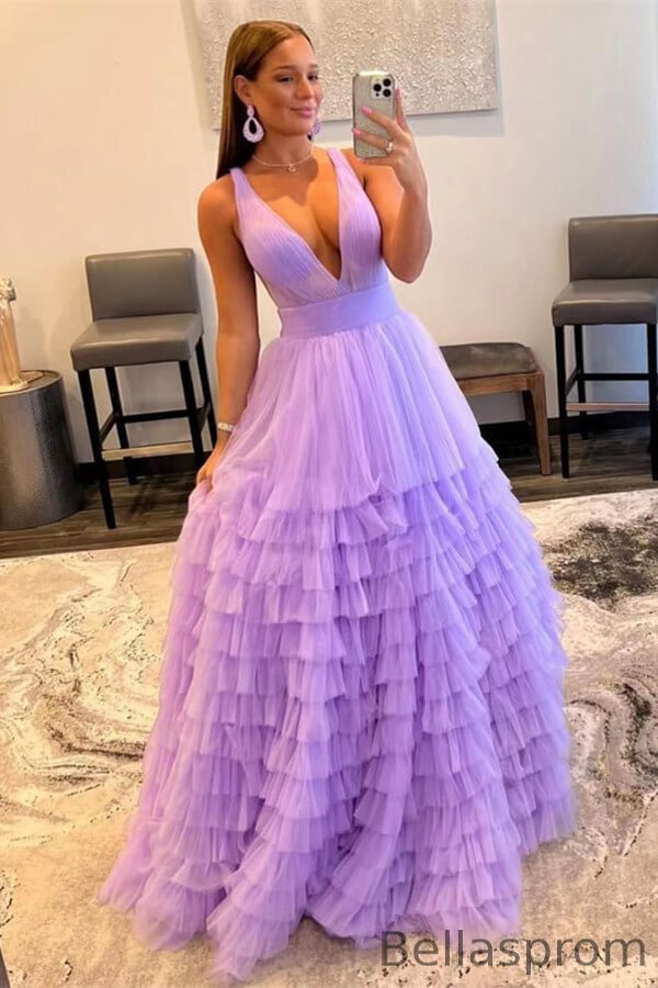 Bellasprom Lilac V-Neck Sleeveless Tulle Prom Dress Long Online Bellasprom
